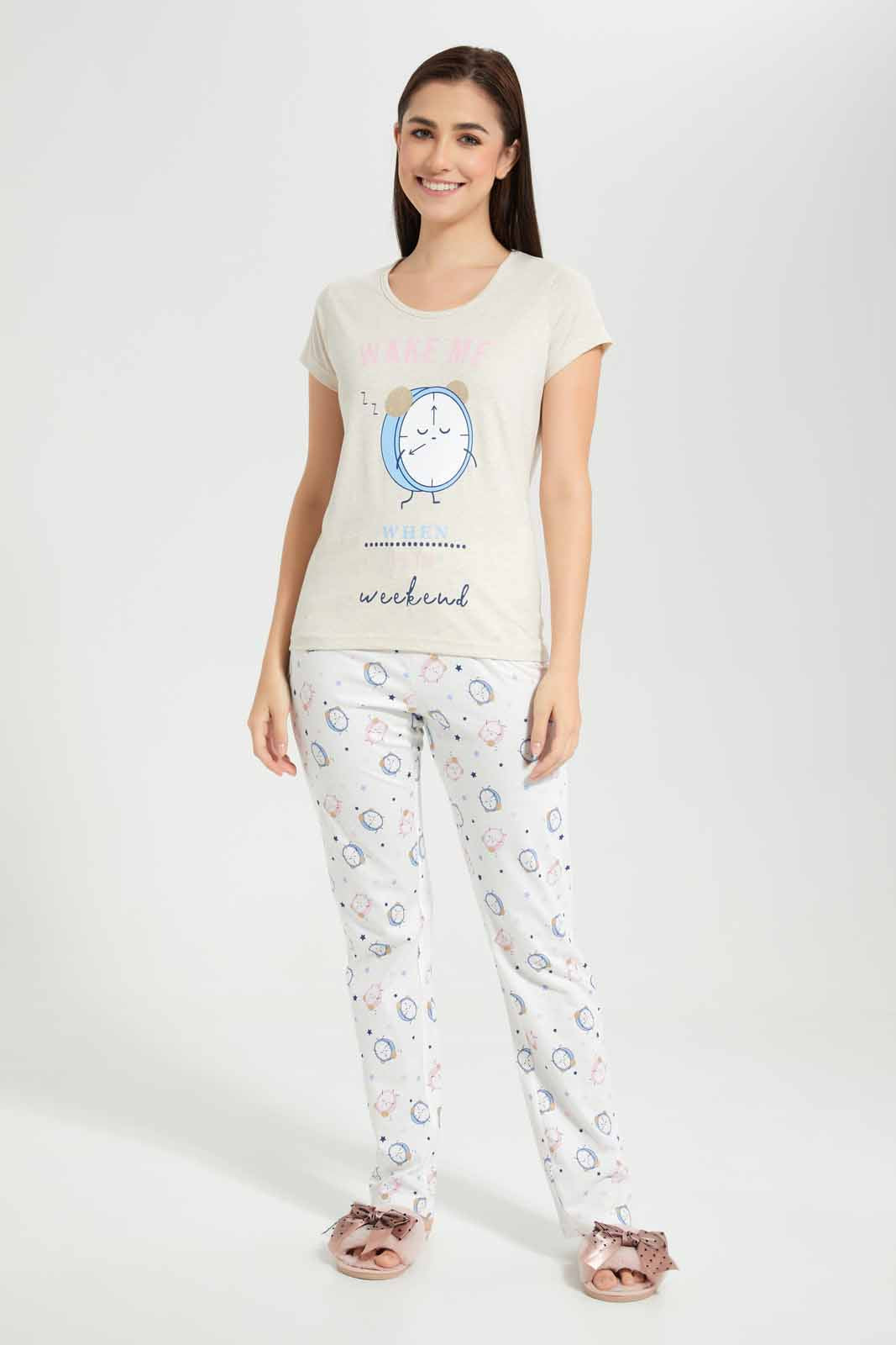 Redtag-Grey-Melange-Animated-Clock-Printed-Pyjama-Set-Category:Pyjama-Sets,-Colour:Grey,-Deals:New-In,-Filter:Women's-Clothing,-New-In-Women,-Non-Sale,-Section:Women,-TBL,-W22O,-Women-Pyjama-Sets--