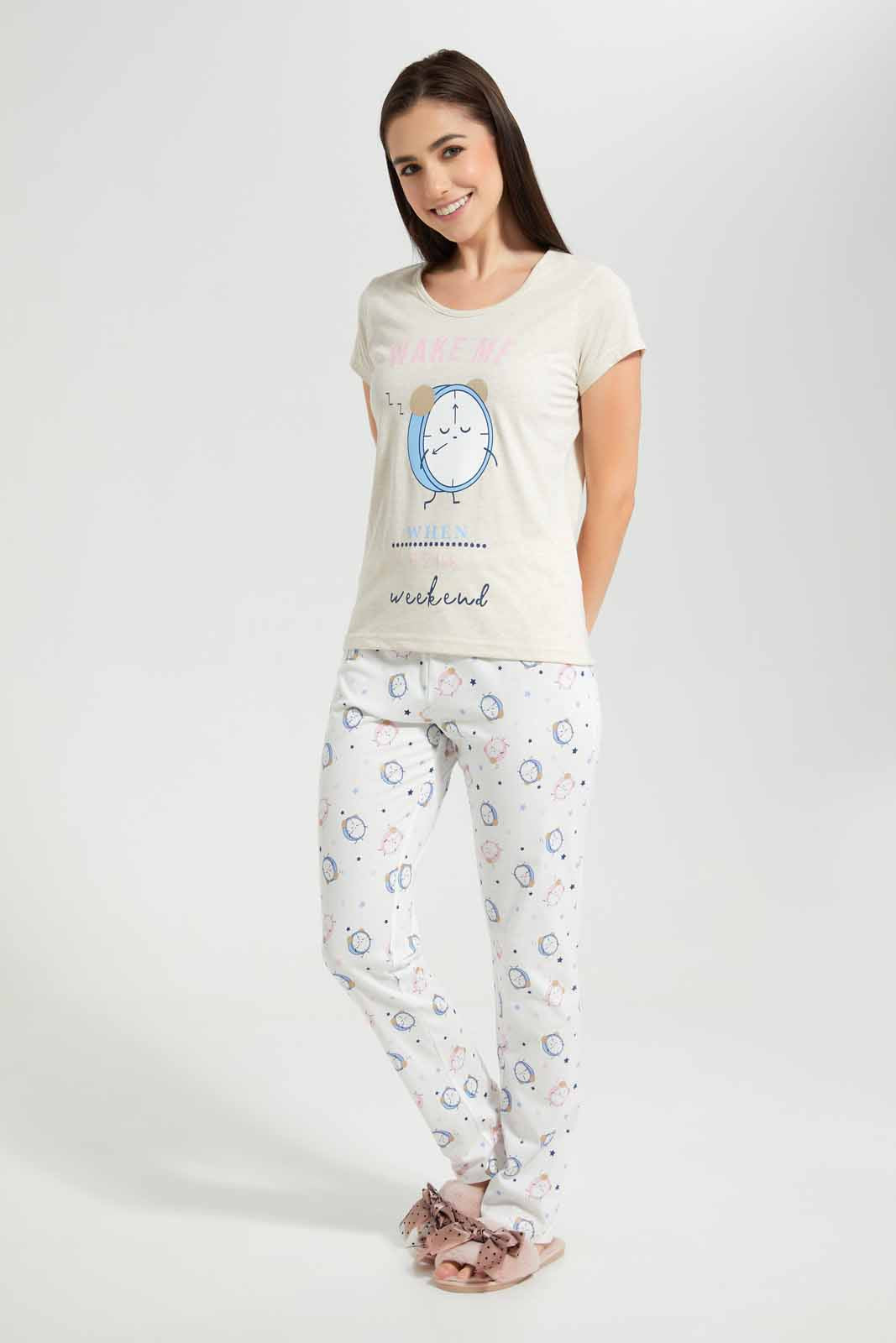 Redtag-Grey-Melange-Animated-Clock-Printed-Pyjama-Set-Category:Pyjama-Sets,-Colour:Grey,-Deals:New-In,-Filter:Women's-Clothing,-New-In-Women,-Non-Sale,-Section:Women,-TBL,-W22O,-Women-Pyjama-Sets--