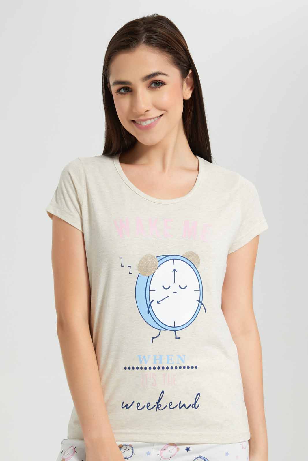 Redtag-Grey-Melange-Animated-Clock-Printed-Pyjama-Set-Category:Pyjama-Sets,-Colour:Grey,-Deals:New-In,-Filter:Women's-Clothing,-New-In-Women,-Non-Sale,-Section:Women,-TBL,-W22O,-Women-Pyjama-Sets--