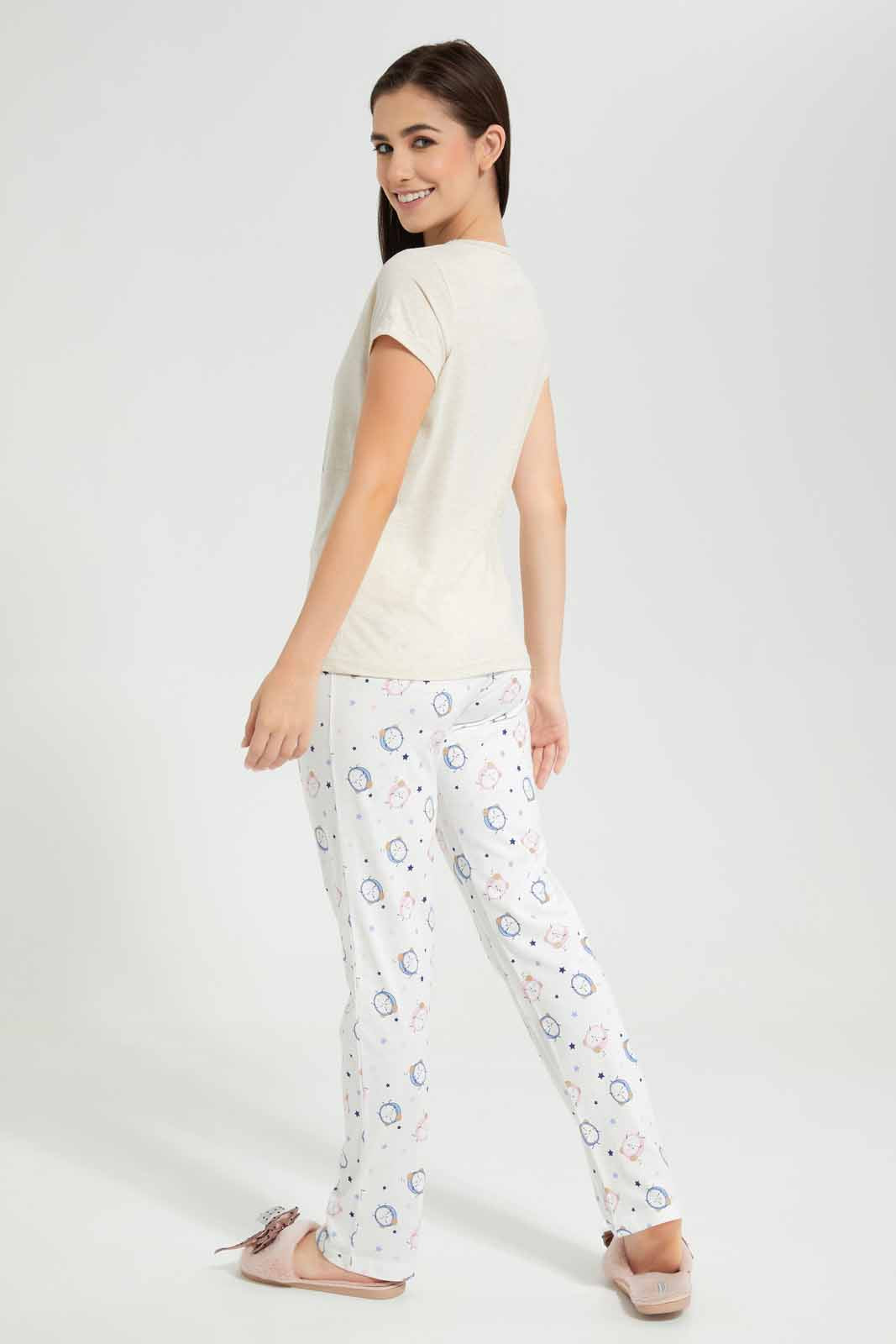 Redtag-Grey-Melange-Animated-Clock-Printed-Pyjama-Set-Category:Pyjama-Sets,-Colour:Grey,-Deals:New-In,-Filter:Women's-Clothing,-New-In-Women,-Non-Sale,-Section:Women,-TBL,-W22O,-Women-Pyjama-Sets--
