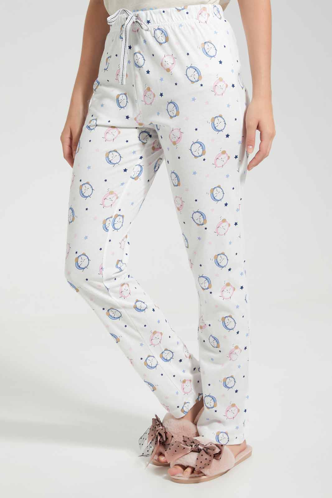 Redtag-Grey-Melange-Animated-Clock-Printed-Pyjama-Set-Category:Pyjama-Sets,-Colour:Grey,-Deals:New-In,-Filter:Women's-Clothing,-New-In-Women,-Non-Sale,-Section:Women,-TBL,-W22O,-Women-Pyjama-Sets--