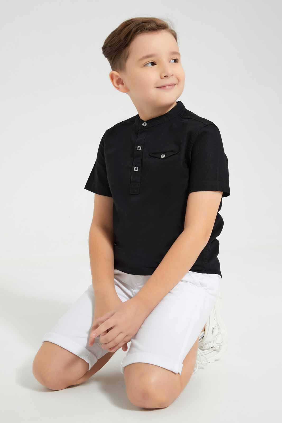 Redtag-Black-Oxford-Henley-Collar-SS-Shirt-BOY-Shirts,-Category:Shirts,-Colour:Black,-Deals:New-In,-Filter:Boys-(2-to-8-Yrs),-New-In-BOY-APL,-Non-Sale,-Section:Boys-(0-to-14Yrs),-VLM,-W22O-Boys-2 to 8 Years