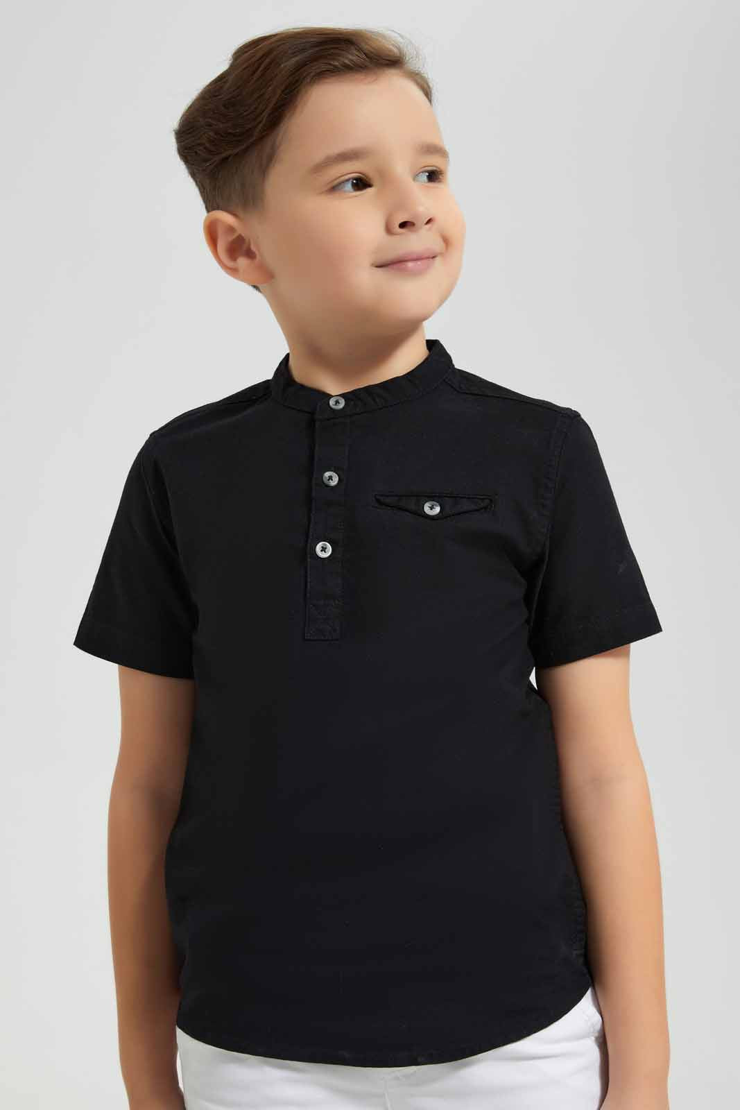 Redtag-Black-Oxford-Henley-Collar-SS-Shirt-BOY-Shirts,-Category:Shirts,-Colour:Black,-Deals:New-In,-Filter:Boys-(2-to-8-Yrs),-New-In-BOY-APL,-Non-Sale,-Section:Boys-(0-to-14Yrs),-VLM,-W22O-Boys-2 to 8 Years