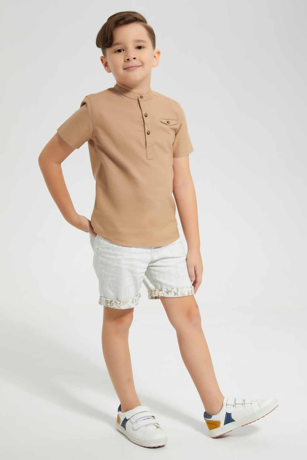 Redtag-Stone-Oxford-Henley-Collar-SS-Shirt-BOY-Shirts,-Category:Shirts,-Colour:Beige,-Deals:New-In,-Filter:Boys-(2-to-8-Yrs),-New-In-BOY-APL,-Non-Sale,-Section:Boys-(0-to-14Yrs),-VLM,-W22O-Boys-2 to 8 Years
