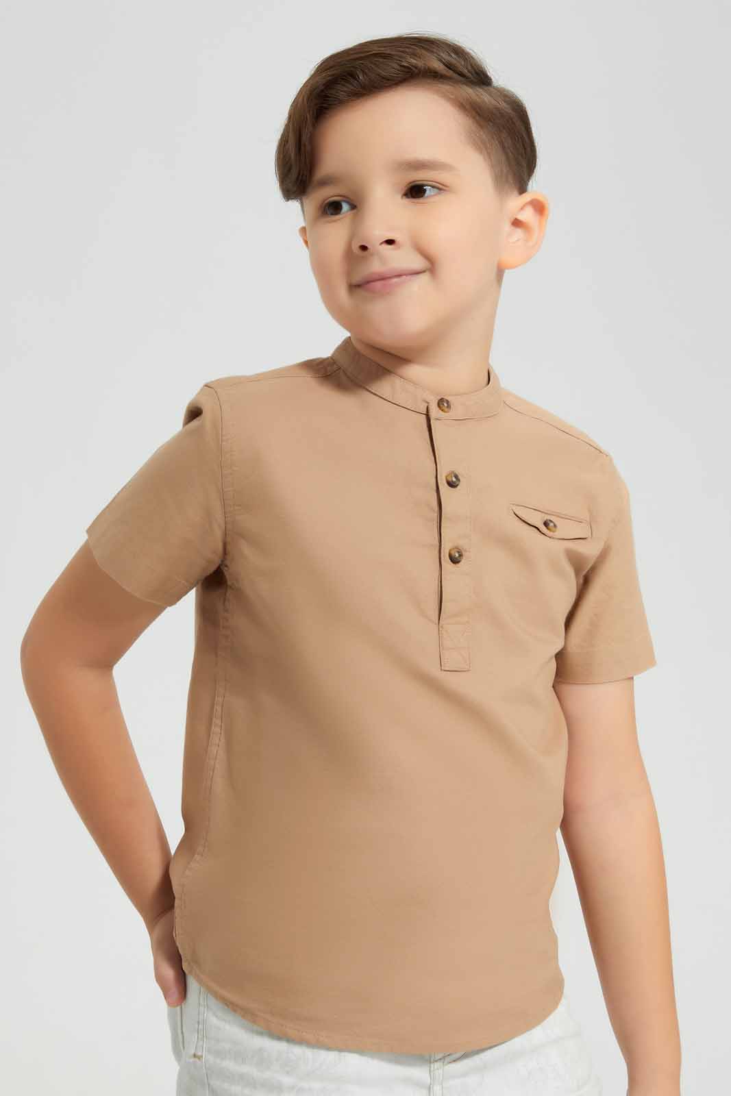 Redtag-Stone-Oxford-Henley-Collar-SS-Shirt-BOY-Shirts,-Category:Shirts,-Colour:Beige,-Deals:New-In,-Filter:Boys-(2-to-8-Yrs),-New-In-BOY-APL,-Non-Sale,-Section:Boys-(0-to-14Yrs),-VLM,-W22O-Boys-2 to 8 Years
