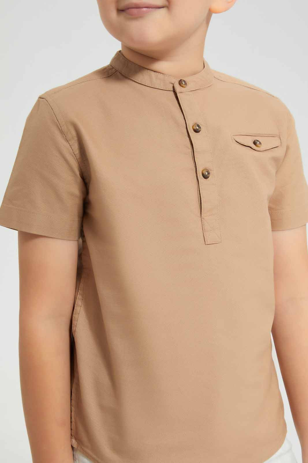 Redtag-Stone-Oxford-Henley-Collar-SS-Shirt-BOY-Shirts,-Category:Shirts,-Colour:Beige,-Deals:New-In,-Filter:Boys-(2-to-8-Yrs),-New-In-BOY-APL,-Non-Sale,-Section:Boys-(0-to-14Yrs),-VLM,-W22O-Boys-2 to 8 Years