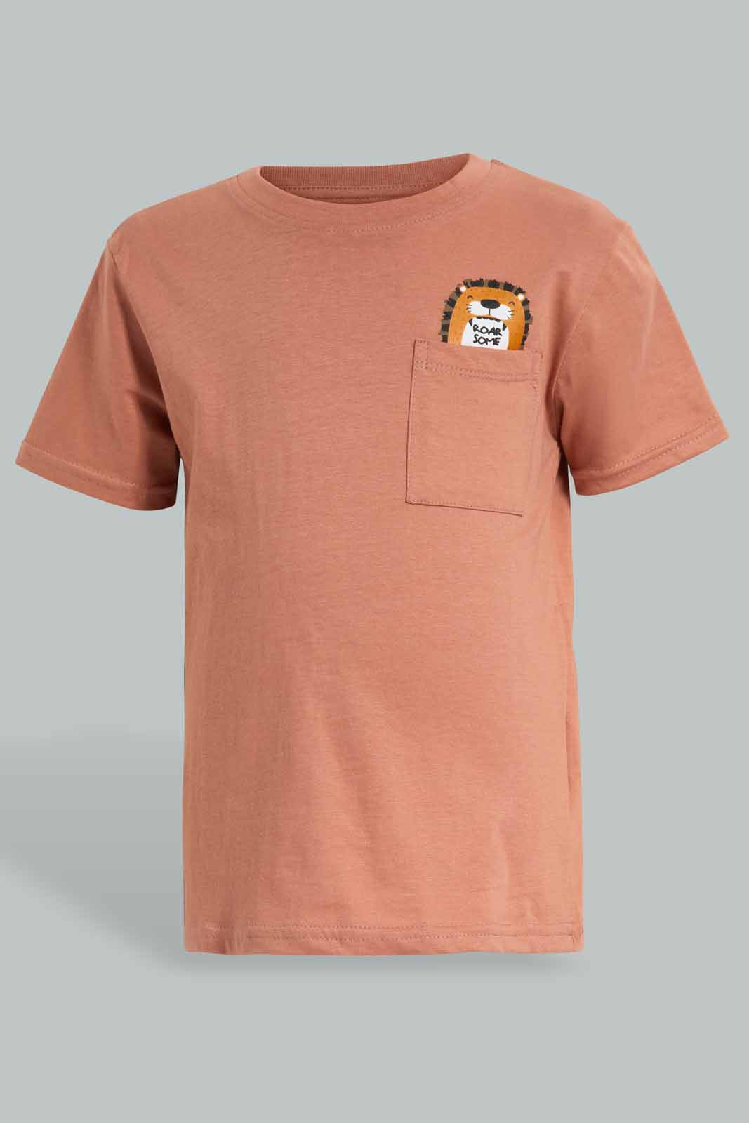 Redtag-Brown-Tiger-Print-Pocket-SS-T-Shirt-BOY-T-Shirts,-Category:T-Shirts,-Colour:Brown,-Deals:New-In,-Filter:Boys-(2-to-8-Yrs),-New-In-BOY-APL,-Non-Sale,-Section:Boys-(0-to-14Yrs),-TBL,-W22O-Boys-2 to 8 Years