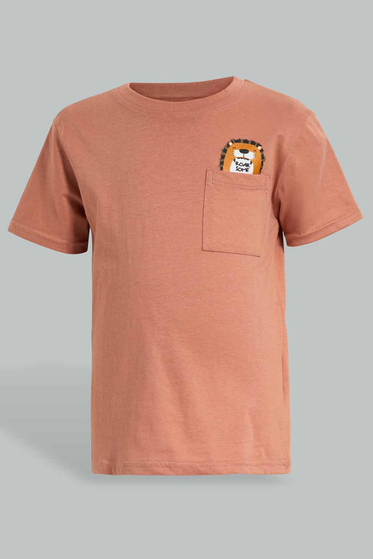 Redtag-Brown-Tiger-Print-Pocket-SS-T-Shirt-BOY-T-Shirts,-Category:T-Shirts,-Colour:Brown,-Deals:New-In,-Filter:Boys-(2-to-8-Yrs),-New-In-BOY-APL,-Non-Sale,-Section:Boys-(0-to-14Yrs),-TBL,-W22O-Boys-2 to 8 Years