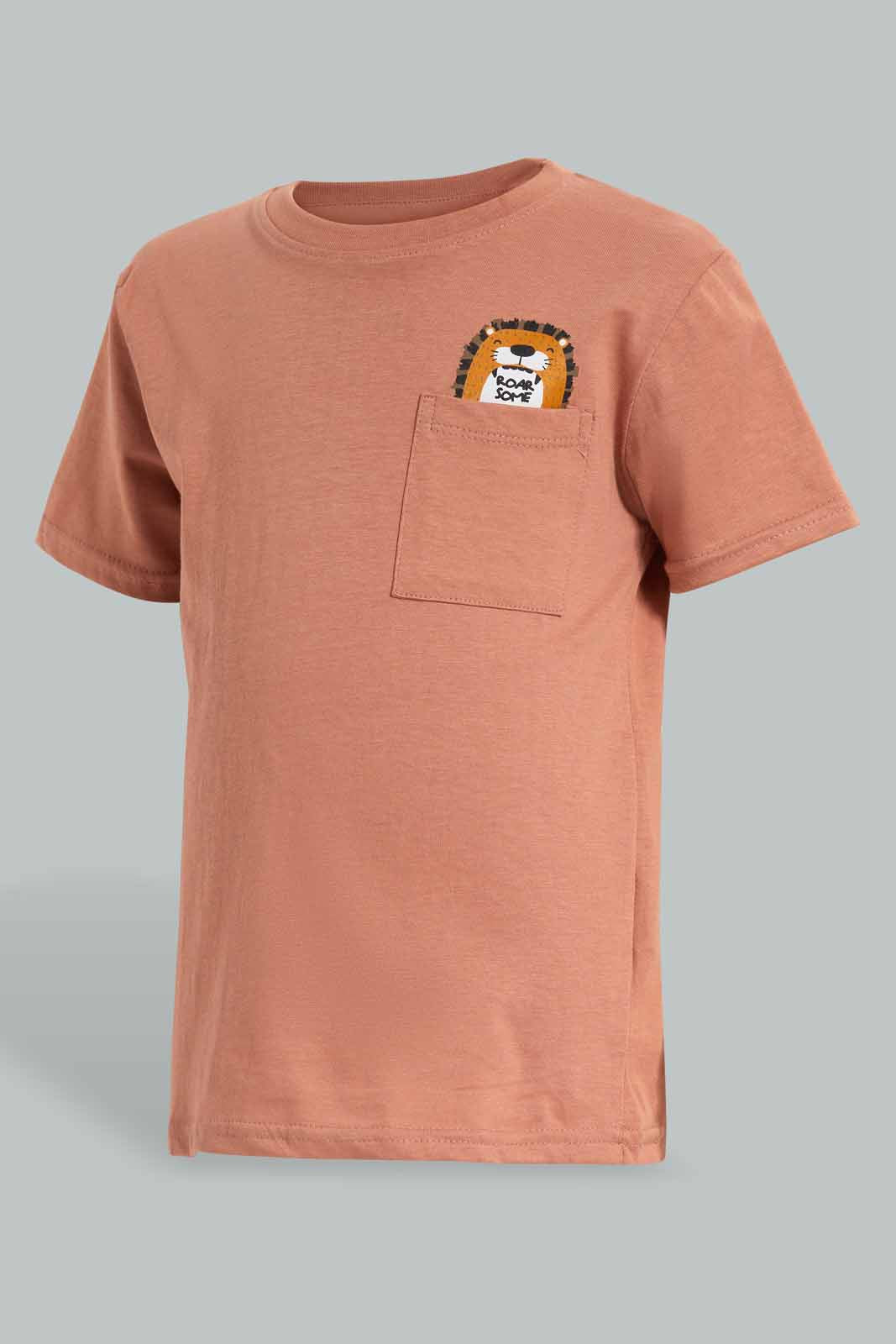 Redtag-Brown-Tiger-Print-Pocket-SS-T-Shirt-BOY-T-Shirts,-Category:T-Shirts,-Colour:Brown,-Deals:New-In,-Filter:Boys-(2-to-8-Yrs),-New-In-BOY-APL,-Non-Sale,-Section:Boys-(0-to-14Yrs),-TBL,-W22O-Boys-2 to 8 Years