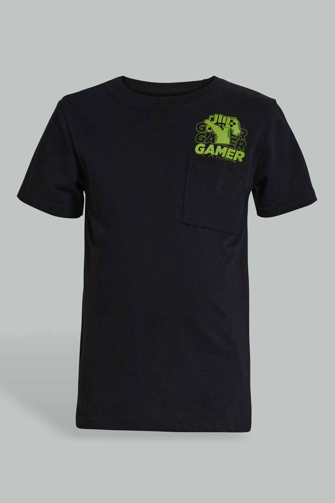 Redtag-Black-Gamer-Print-Pocket-SS-T-Shirt-BOY-T-Shirts,-Category:T-Shirts,-Colour:Black,-Deals:New-In,-Filter:Boys-(2-to-8-Yrs),-New-In-BOY-APL,-Non-Sale,-Section:Boys-(0-to-14Yrs),-TBL,-W22O-Boys-2 to 8 Years