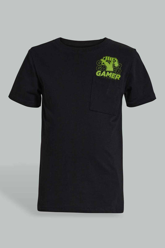 Redtag-Black-Gamer-Print-Pocket-SS-T-Shirt-BOY-T-Shirts,-Category:T-Shirts,-Colour:Black,-Deals:New-In,-Filter:Boys-(2-to-8-Yrs),-New-In-BOY-APL,-Non-Sale,-Section:Boys-(0-to-14Yrs),-TBL,-W22O-Boys-2 to 8 Years