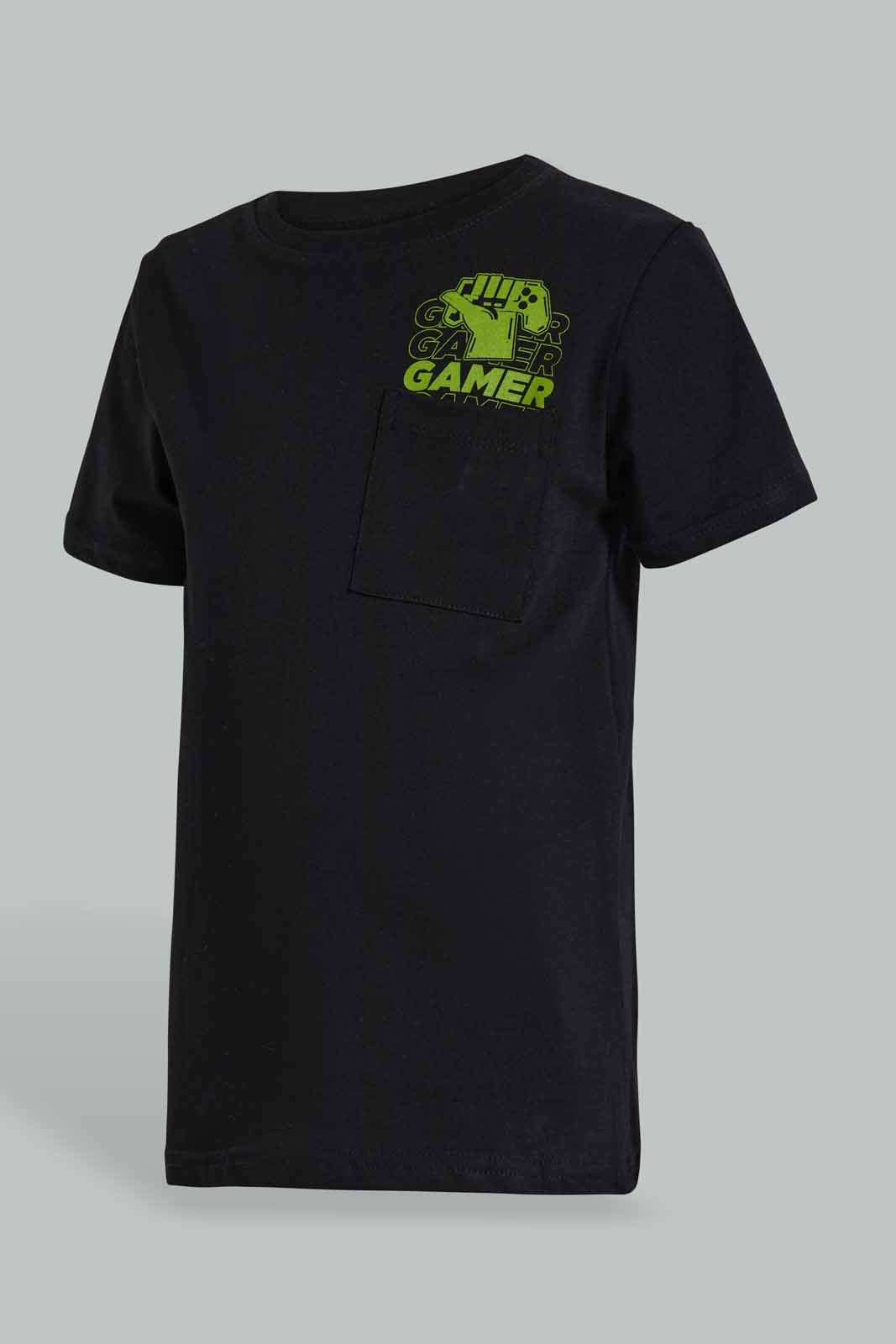 Redtag-Black-Gamer-Print-Pocket-SS-T-Shirt-BOY-T-Shirts,-Category:T-Shirts,-Colour:Black,-Deals:New-In,-Filter:Boys-(2-to-8-Yrs),-New-In-BOY-APL,-Non-Sale,-Section:Boys-(0-to-14Yrs),-TBL,-W22O-Boys-2 to 8 Years