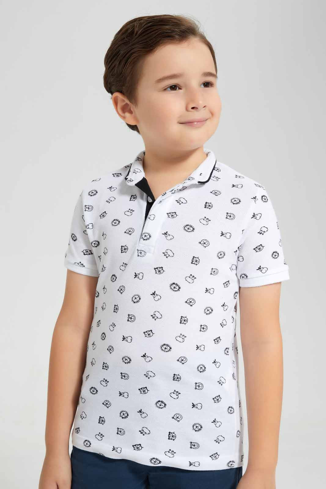 Redtag-White-Jungle-Squad-Printed-Stand-up-Collar-Polo-T-Shirt-BOY-Polo-T-Shirts,-Category:Polo-T-Shirts,-Colour:White,-Deals:New-In,-Filter:Boys-(2-to-8-Yrs),-New-In-BOY-APL,-Non-Sale,-Section:Boys-(0-to-14Yrs),-TBL,-W22O-Boys-2 to 8 Years