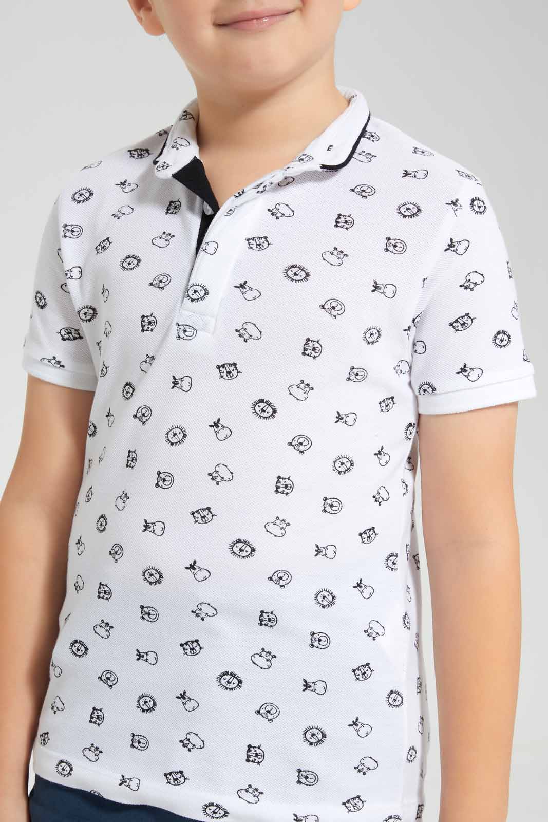 Redtag-White-Jungle-Squad-Printed-Stand-up-Collar-Polo-T-Shirt-BOY-Polo-T-Shirts,-Category:Polo-T-Shirts,-Colour:White,-Deals:New-In,-Filter:Boys-(2-to-8-Yrs),-New-In-BOY-APL,-Non-Sale,-Section:Boys-(0-to-14Yrs),-TBL,-W22O-Boys-2 to 8 Years