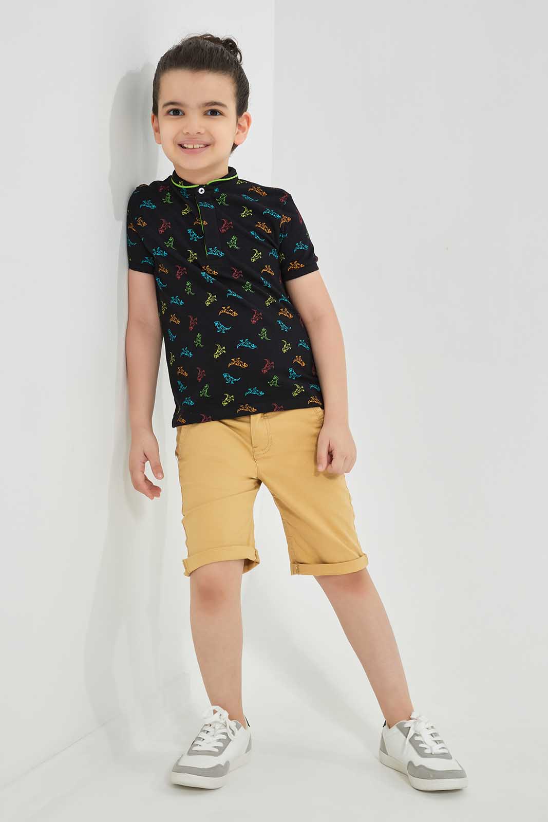 Redtag-Black-Dino-AOP-Stand-up-Collar-Polo-T-Shirt-BOY-Polo-T-Shirts,-Category:Polo-T-Shirts,-Colour:Black,-Deals:New-In,-Filter:Boys-(2-to-8-Yrs),-New-In-BOY-APL,-Non-Sale,-Section:Boys-(0-to-14Yrs),-TBL,-W22O-Boys-2 to 8 Years
