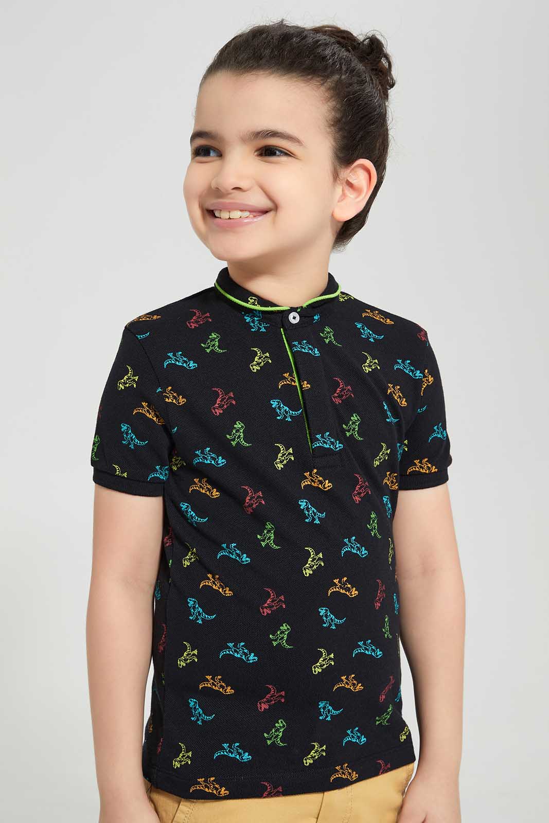 Redtag-Black-Dino-AOP-Stand-up-Collar-Polo-T-Shirt-BOY-Polo-T-Shirts,-Category:Polo-T-Shirts,-Colour:Black,-Deals:New-In,-Filter:Boys-(2-to-8-Yrs),-New-In-BOY-APL,-Non-Sale,-Section:Boys-(0-to-14Yrs),-TBL,-W22O-Boys-2 to 8 Years