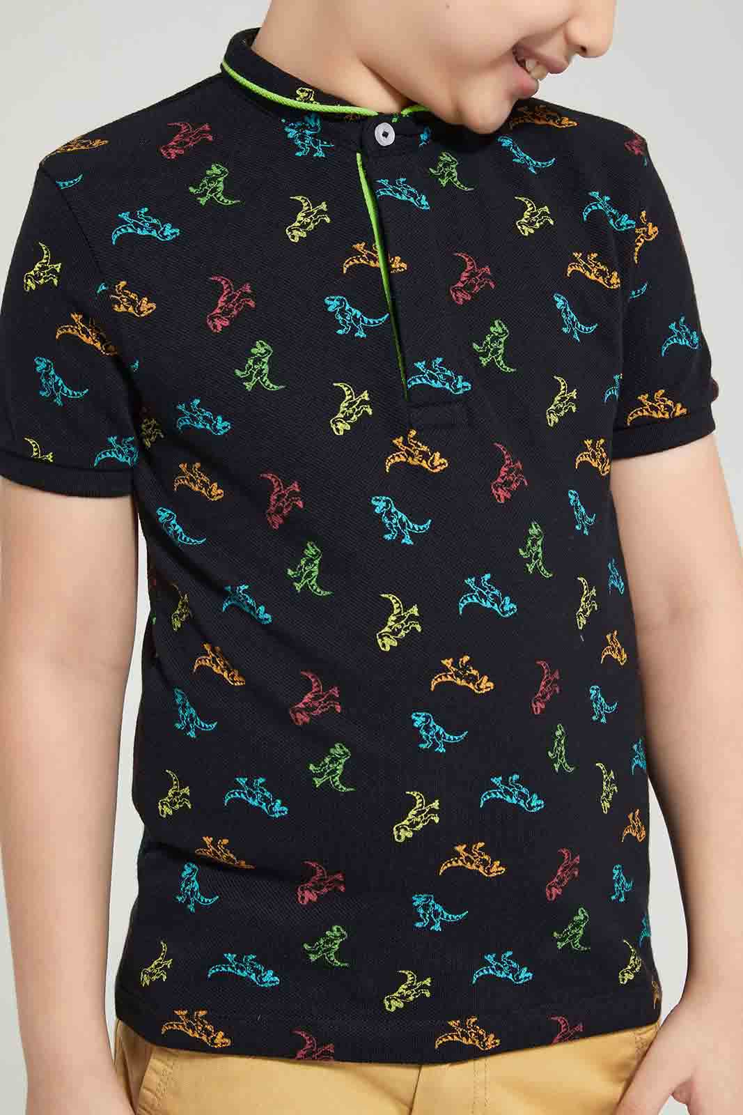 Redtag-Black-Dino-AOP-Stand-up-Collar-Polo-T-Shirt-BOY-Polo-T-Shirts,-Category:Polo-T-Shirts,-Colour:Black,-Deals:New-In,-Filter:Boys-(2-to-8-Yrs),-New-In-BOY-APL,-Non-Sale,-Section:Boys-(0-to-14Yrs),-TBL,-W22O-Boys-2 to 8 Years