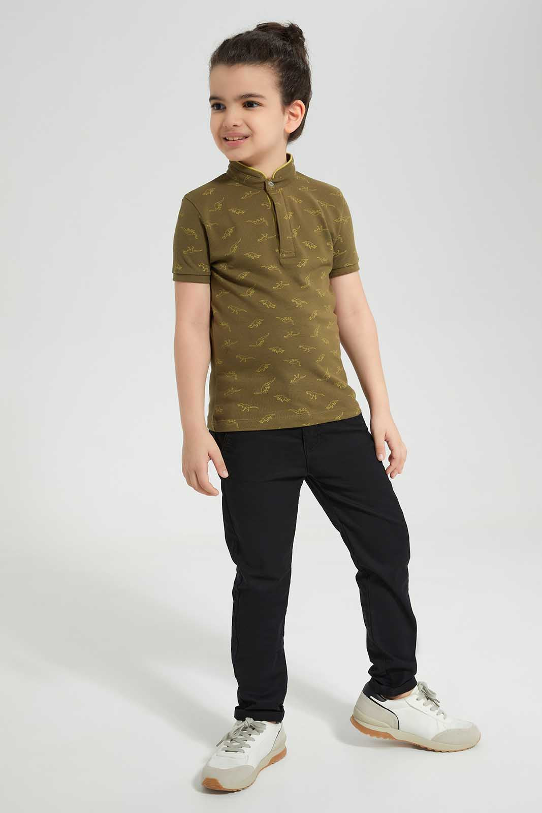 Redtag-Olive-Dino-AOP-Stand-up-Collar-Polo-T-Shirt-BOY-Polo-T-Shirts,-Category:Polo-T-Shirts,-Colour:Olive,-Deals:New-In,-Filter:Boys-(2-to-8-Yrs),-New-In-BOY-APL,-Non-Sale,-Section:Boys-(0-to-14Yrs),-TBL,-W22O-Boys-2 to 8 Years