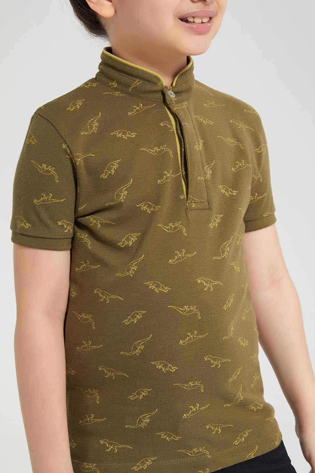 Redtag-Olive-Dino-AOP-Stand-up-Collar-Polo-T-Shirt-BOY-Polo-T-Shirts,-Category:Polo-T-Shirts,-Colour:Olive,-Deals:New-In,-Filter:Boys-(2-to-8-Yrs),-New-In-BOY-APL,-Non-Sale,-Section:Boys-(0-to-14Yrs),-TBL,-W22O-Boys-2 to 8 Years