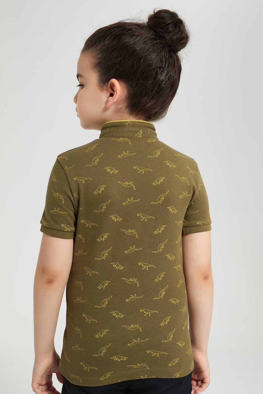 Redtag-Olive-Dino-AOP-Stand-up-Collar-Polo-T-Shirt-BOY-Polo-T-Shirts,-Category:Polo-T-Shirts,-Colour:Olive,-Deals:New-In,-Filter:Boys-(2-to-8-Yrs),-New-In-BOY-APL,-Non-Sale,-Section:Boys-(0-to-14Yrs),-TBL,-W22O-Boys-2 to 8 Years