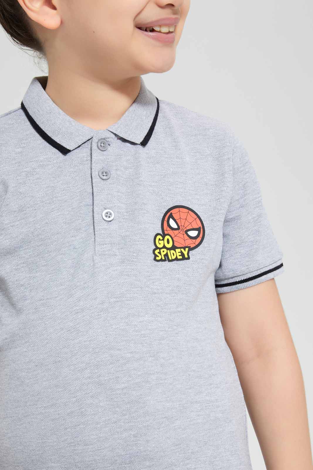 Redtag-Grey-Spiderman-Polo-T-Shirt-BOY-Polo-T-Shirts,-Category:Polo-T-Shirts,-CHR,-Colour:Grey,-Deals:New-In,-Filter:Boys-(2-to-8-Yrs),-New-In-BOY-APL,-Non-Sale,-Section:Boys-(0-to-14Yrs),-TBL,-W22O-Boys-2 to 8 Years