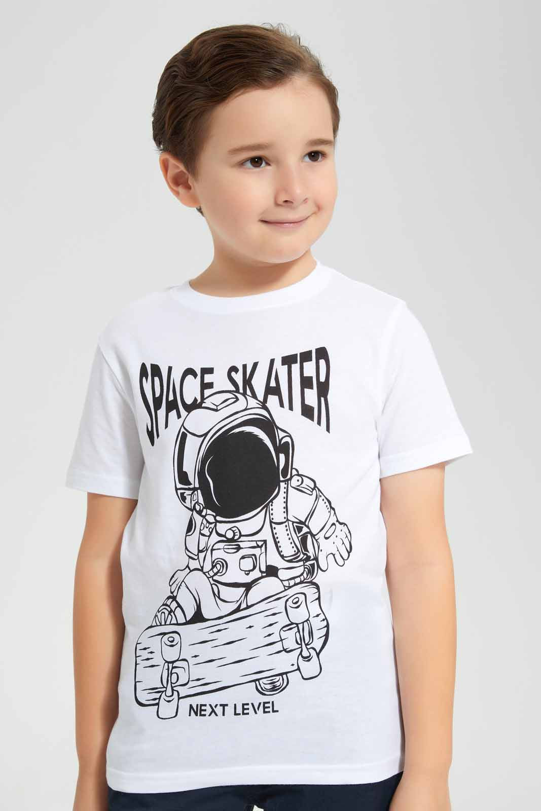 Redtag-White-Skater-Chest-Print-SS-T-Shirt-BOY-T-Shirts,-Category:T-Shirts,-Colour:White,-Deals:New-In,-Filter:Boys-(2-to-8-Yrs),-New-In-BOY-APL,-Non-Sale,-Section:Boys-(0-to-14Yrs),-TBL,-W22O-Boys-2 to 8 Years