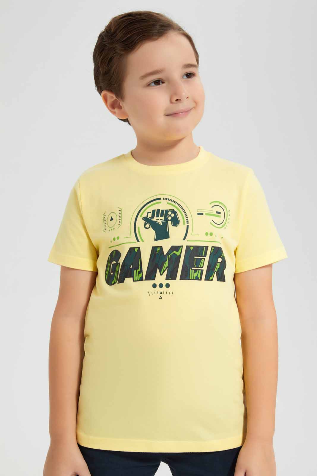Redtag-Yellow-Gamer-Chest-Print-SS-T-Shirt-BOY-T-Shirts,-Category:T-Shirts,-Colour:Yellow,-Deals:New-In,-Filter:Boys-(2-to-8-Yrs),-New-In-BOY-APL,-Non-Sale,-Section:Boys-(0-to-14Yrs),-TBL,-W22O-Boys-2 to 8 Years