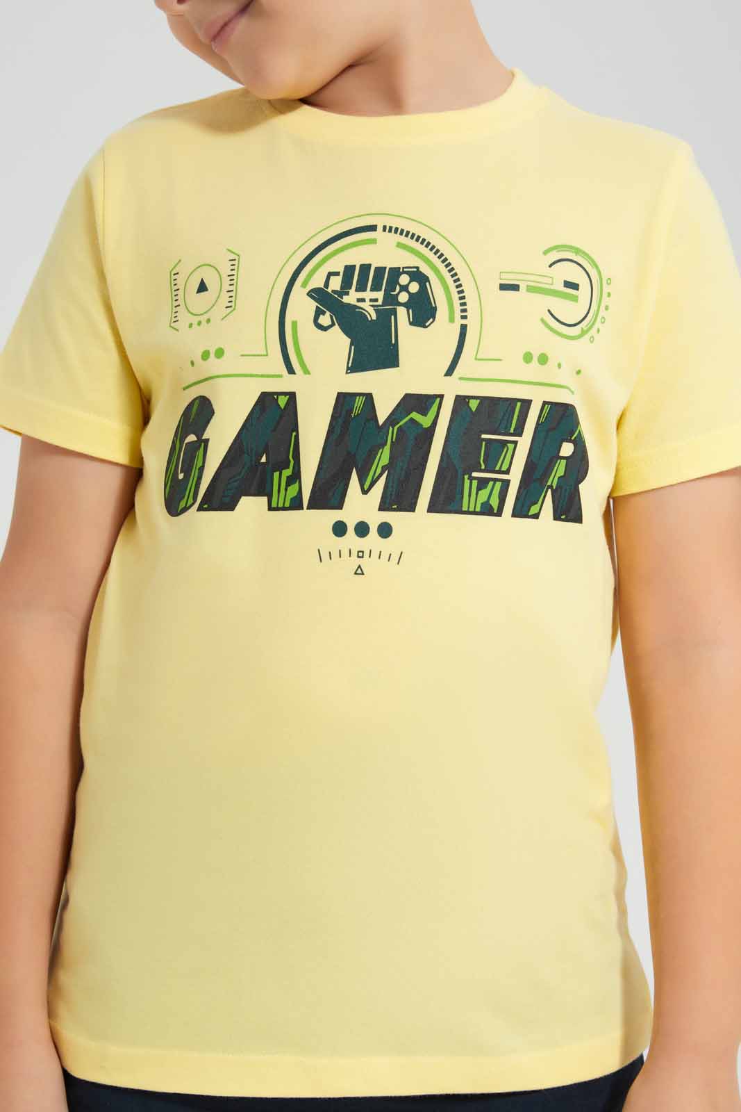 Redtag-Yellow-Gamer-Chest-Print-SS-T-Shirt-BOY-T-Shirts,-Category:T-Shirts,-Colour:Yellow,-Deals:New-In,-Filter:Boys-(2-to-8-Yrs),-New-In-BOY-APL,-Non-Sale,-Section:Boys-(0-to-14Yrs),-TBL,-W22O-Boys-2 to 8 Years