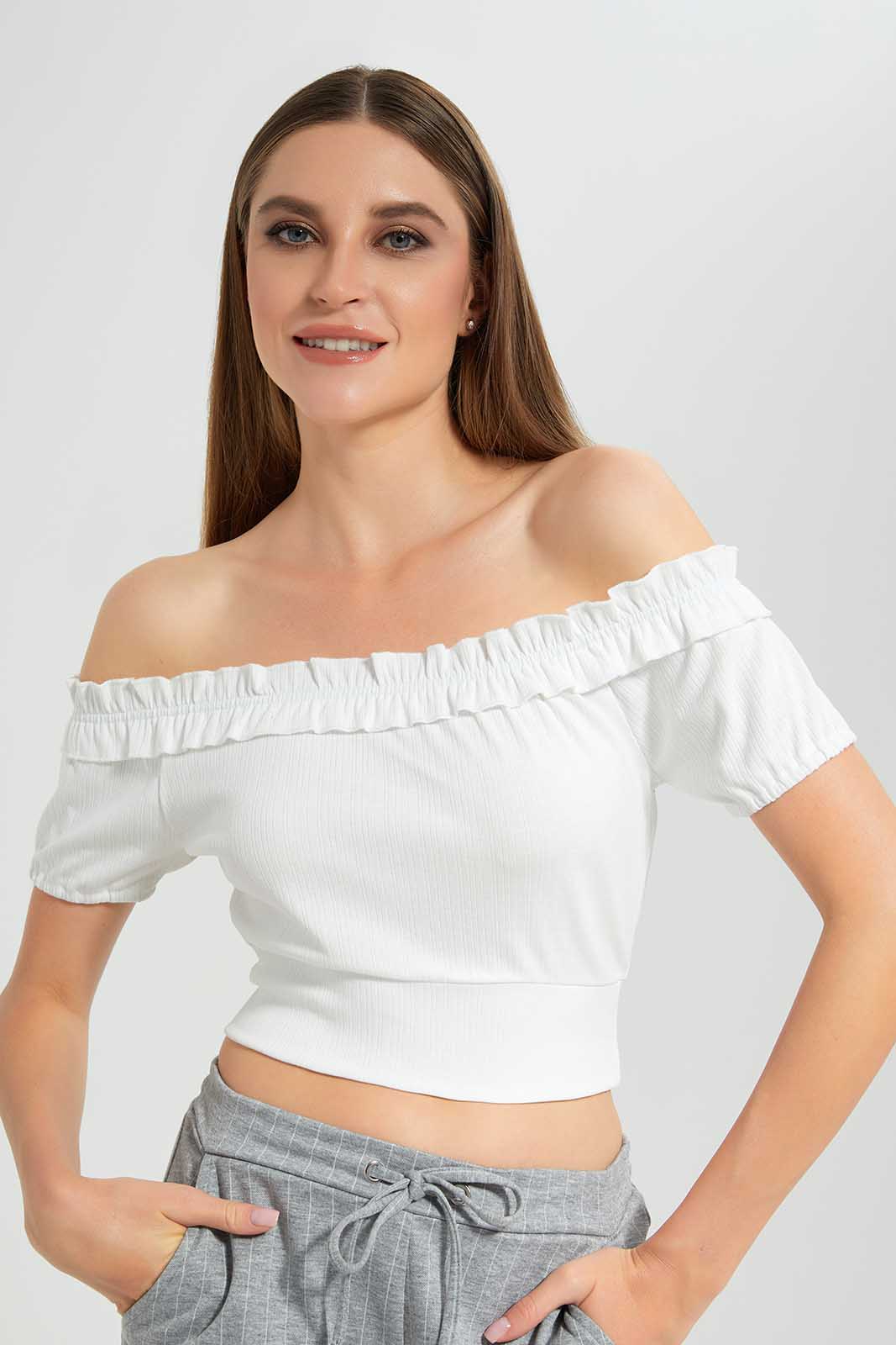 Redtag-White-Off-Shoulder-Crop-Top-Category:Tops,-Colour:White,-Deals:New-In,-Filter:Women's-Clothing,-LEC,-LEC-Tops,-New-In-LEC,-Non-Sale,-Section:Women,-W22O-Women's-