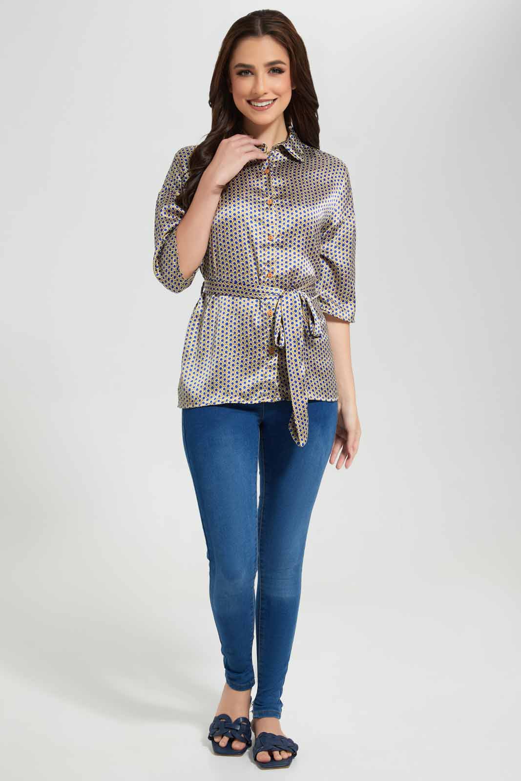 Redtag-Assorted-Geometric-Print-Belted-Collared-Top-Category:Cardigans,-Colour:Assorted,-Deals:New-In,-Filter:Women's-Clothing,-New-In-Women-APL,-Non-Sale,-S22D,-Section:Women,-Women-Cardigans-Women's-