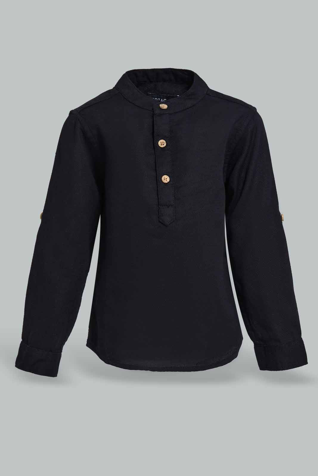 Redtag-Black-Dobby-Mandain-Ls-Shirts-Category:Shirts,-Colour:Black,-Deals:New-In,-EID,-Filter:Infant-Boys-(3-to-24-Mths),-INB-Shirts,-New-In-INB-APL,-Non-Sale,-Section:Boys-(0-to-14Yrs),-W22O-Infant-Boys-3 to 24 Months