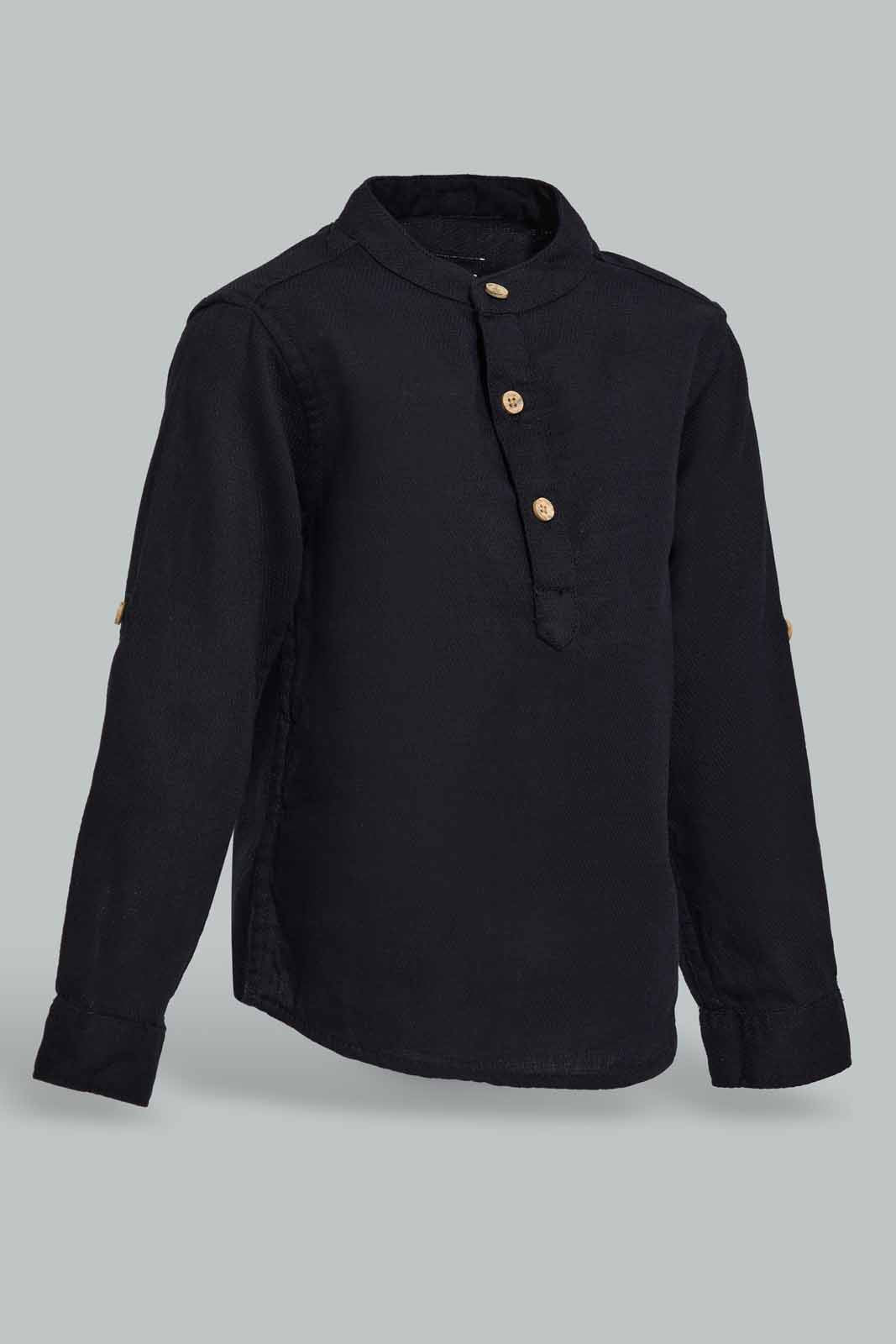 Redtag-Black-Dobby-Mandain-Ls-Shirts-Category:Shirts,-Colour:Black,-Deals:New-In,-EID,-Filter:Infant-Boys-(3-to-24-Mths),-INB-Shirts,-New-In-INB-APL,-Non-Sale,-Section:Boys-(0-to-14Yrs),-W22O-Infant-Boys-3 to 24 Months