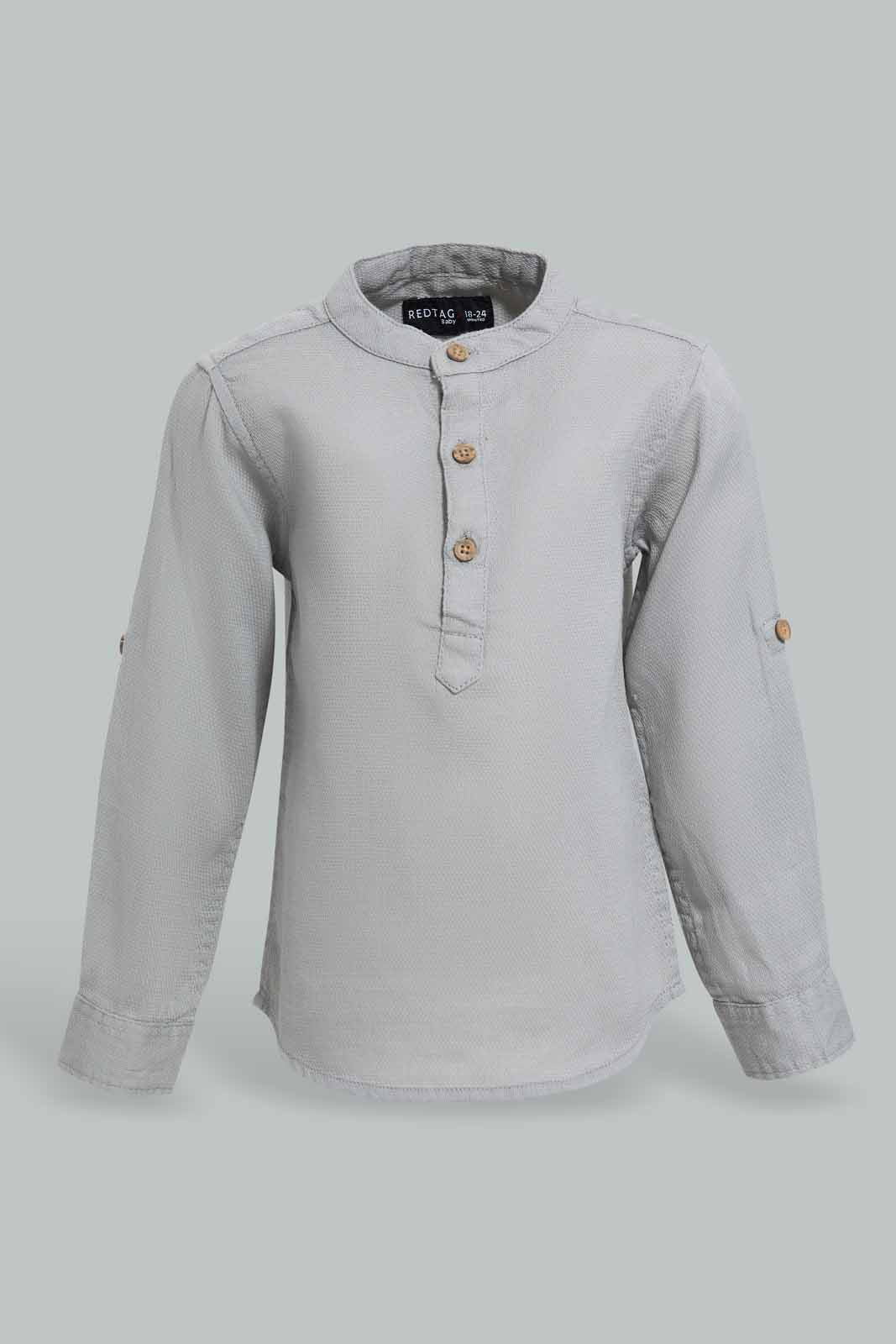 Redtag-Mid-Grey-Dobby-Mandain-Ls-Shirts-Category:Shirts,-Colour:Grey,-Deals:New-In,-EID,-Filter:Infant-Boys-(3-to-24-Mths),-INB-Shirts,-New-In-INB-APL,-Non-Sale,-Section:Boys-(0-to-14Yrs),-W22O-Infant-Boys-3 to 24 Months