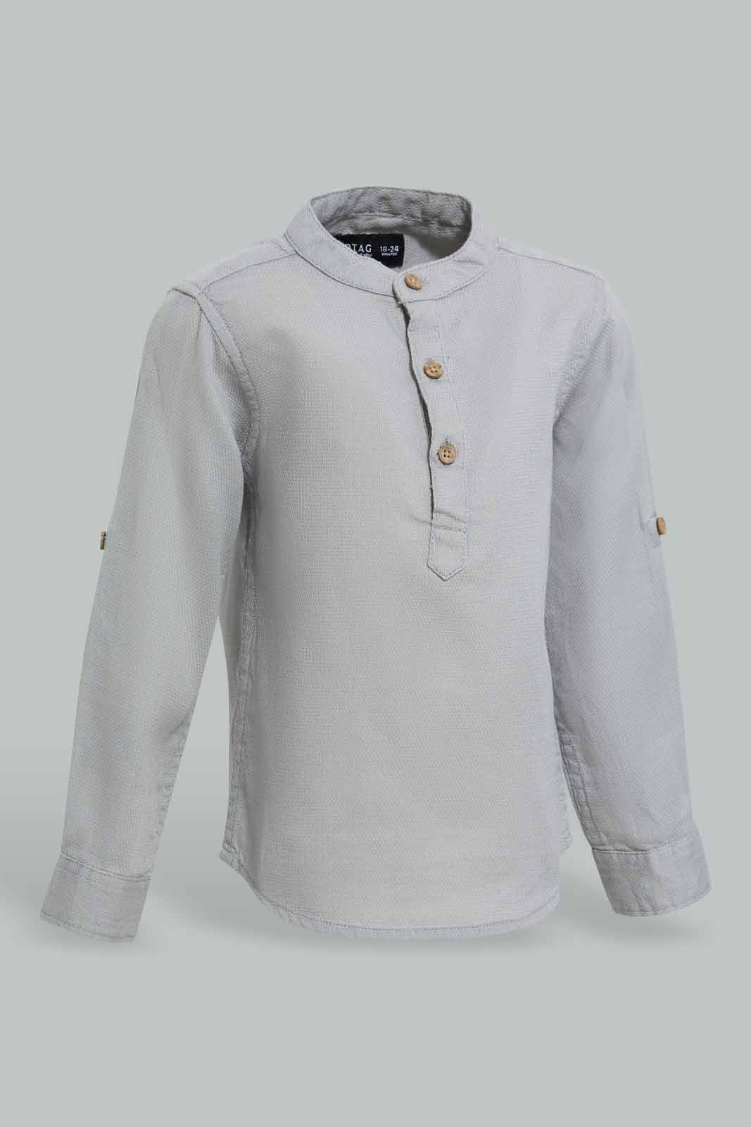 Redtag-Mid-Grey-Dobby-Mandain-Ls-Shirts-Category:Shirts,-Colour:Grey,-Deals:New-In,-EID,-Filter:Infant-Boys-(3-to-24-Mths),-INB-Shirts,-New-In-INB-APL,-Non-Sale,-Section:Boys-(0-to-14Yrs),-W22O-Infant-Boys-3 to 24 Months
