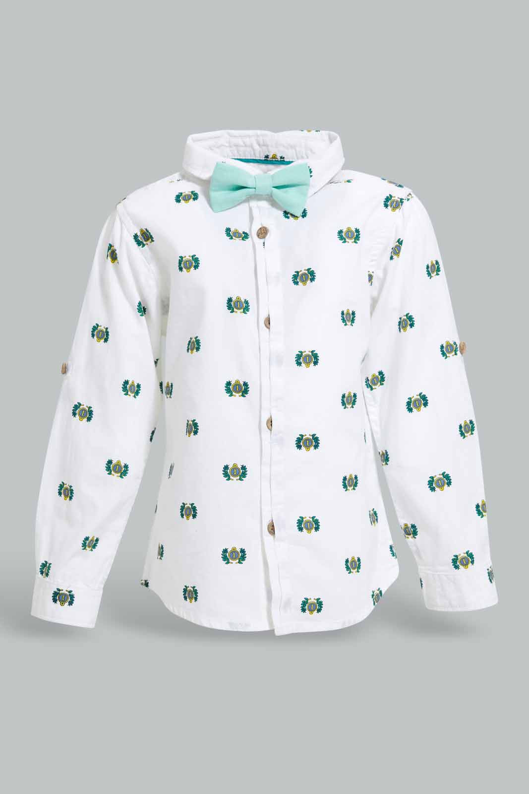 Redtag-White-Printed-Poplin-Ls-Shirts-With-Bow-Category:Shirts,-Colour:White,-Deals:New-In,-EID,-Filter:Infant-Boys-(3-to-24-Mths),-INB-Shirts,-New-In-INB-APL,-Non-Sale,-Section:Boys-(0-to-14Yrs),-W22O-Infant-Boys-3 to 24 Months