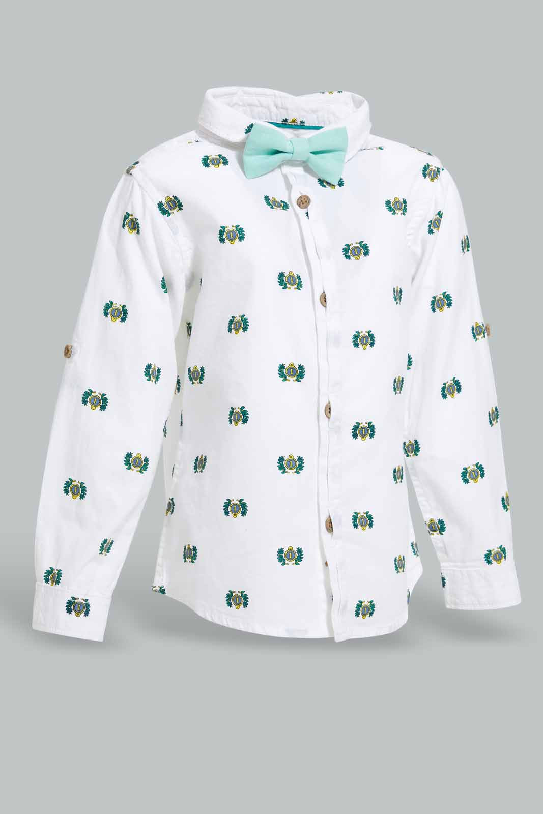 Redtag-White-Printed-Poplin-Ls-Shirts-With-Bow-Category:Shirts,-Colour:White,-Deals:New-In,-EID,-Filter:Infant-Boys-(3-to-24-Mths),-INB-Shirts,-New-In-INB-APL,-Non-Sale,-Section:Boys-(0-to-14Yrs),-W22O-Infant-Boys-3 to 24 Months