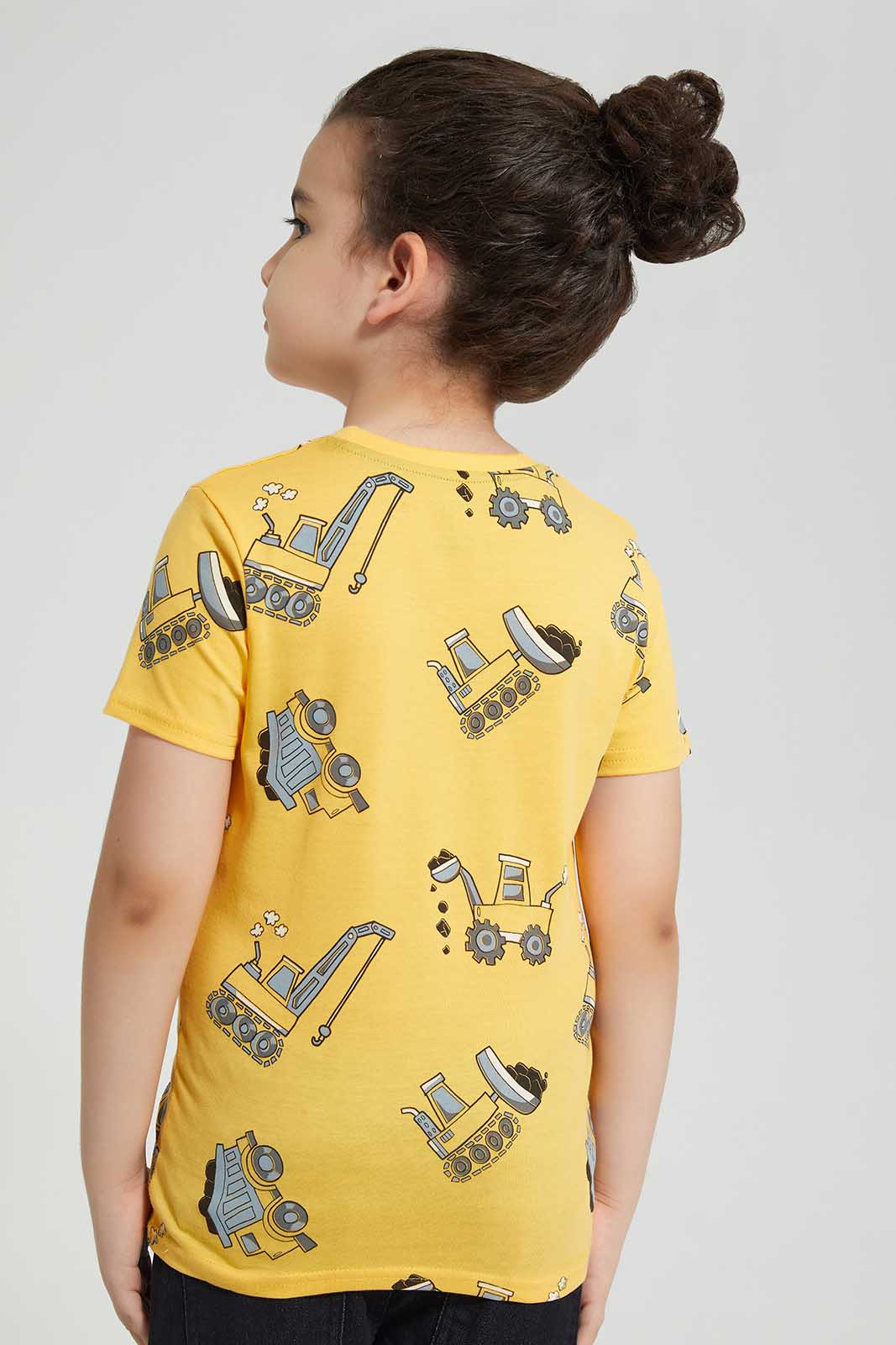 Redtag-Yellow-Digger-Printed-SS-T-Shirt-BOY-T-Shirts,-Category:T-Shirts,-Colour:Yellow,-Deals:New-In,-Filter:Boys-(2-to-8-Yrs),-New-In-BOY-APL,-Non-Sale,-Section:Boys-(0-to-14Yrs),-TBL,-W22O-Boys-2 to 8 Years