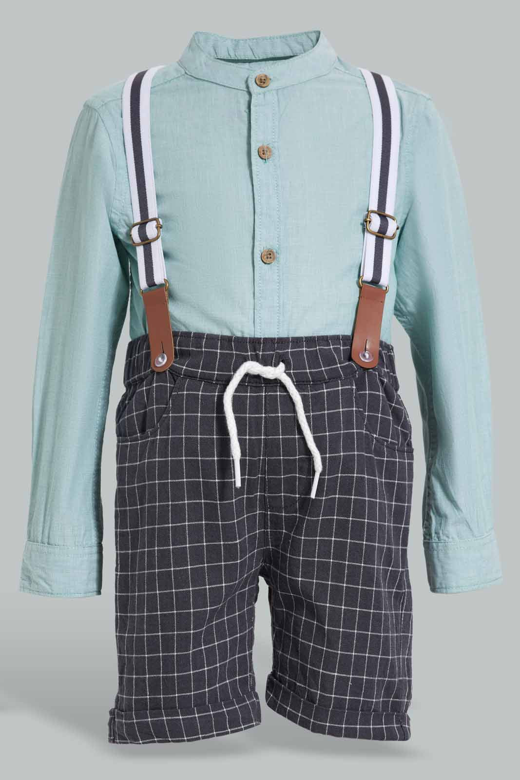 Redtag-Blue-Shirts-With-Navy-Check-Short-Set-With-Suspender-(2-Pcs-Set)-Category:Sets,-Colour:Blue,-Deals:New-In,-EID,-Filter:Infant-Boys-(3-to-24-Mths),-INB-Sets,-New-In-INB-APL,-Non-Sale,-Section:Boys-(0-to-14Yrs),-W22O-Infant-Boys-3 to 24 Months