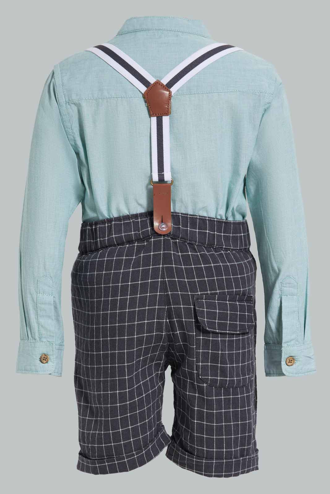 Redtag-Blue-Shirts-With-Navy-Check-Short-Set-With-Suspender-(2-Pcs-Set)-Category:Sets,-Colour:Blue,-Deals:New-In,-EID,-Filter:Infant-Boys-(3-to-24-Mths),-INB-Sets,-New-In-INB-APL,-Non-Sale,-Section:Boys-(0-to-14Yrs),-W22O-Infant-Boys-3 to 24 Months
