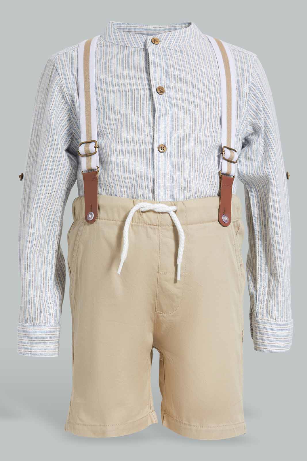 Redtag-White-Mandarin-Shirts-With-Suspender-Short-Set-(2-Pcs-Set)-Category:Sets,-Colour:White,-Deals:New-In,-EID,-Filter:Infant-Boys-(3-to-24-Mths),-INB-Sets,-New-In-INB-APL,-Non-Sale,-Section:Boys-(0-to-14Yrs),-W22O-Infant-Boys-3 to 24 Months