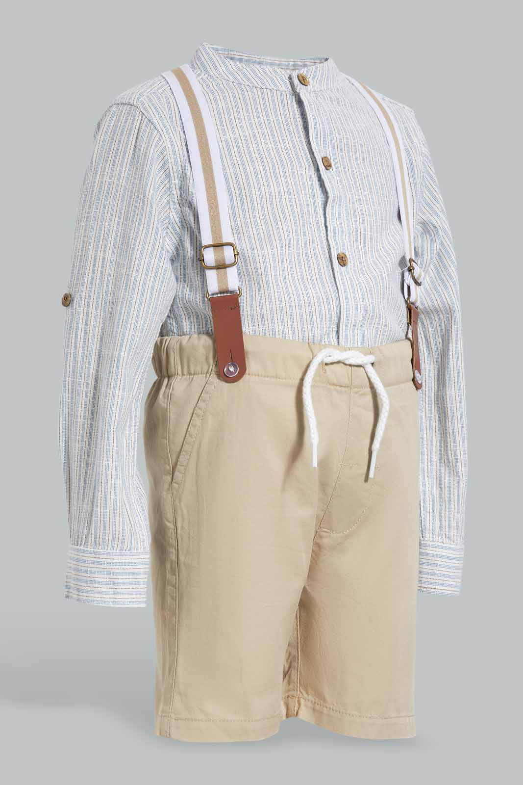 Redtag-White-Mandarin-Shirts-With-Suspender-Short-Set-(2-Pcs-Set)-Category:Sets,-Colour:White,-Deals:New-In,-EID,-Filter:Infant-Boys-(3-to-24-Mths),-INB-Sets,-New-In-INB-APL,-Non-Sale,-Section:Boys-(0-to-14Yrs),-W22O-Infant-Boys-3 to 24 Months