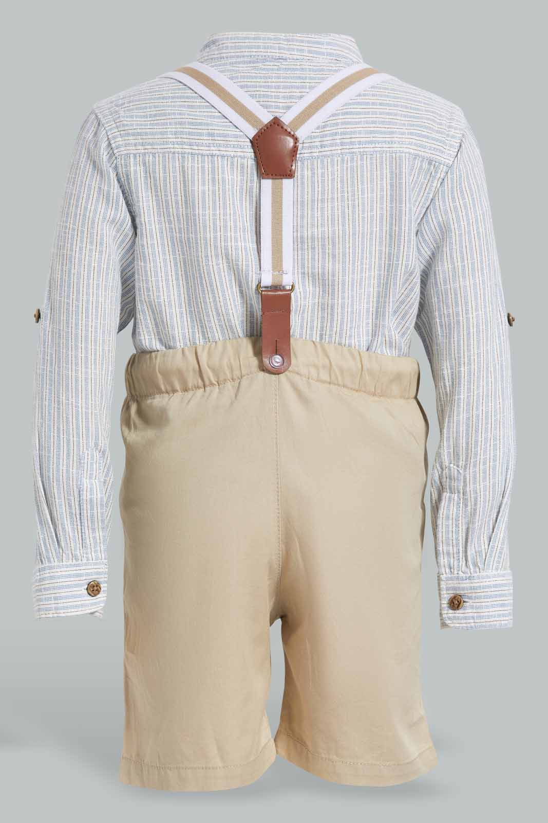 Redtag-White-Mandarin-Shirts-With-Suspender-Short-Set-(2-Pcs-Set)-Category:Sets,-Colour:White,-Deals:New-In,-EID,-Filter:Infant-Boys-(3-to-24-Mths),-INB-Sets,-New-In-INB-APL,-Non-Sale,-Section:Boys-(0-to-14Yrs),-W22O-Infant-Boys-3 to 24 Months