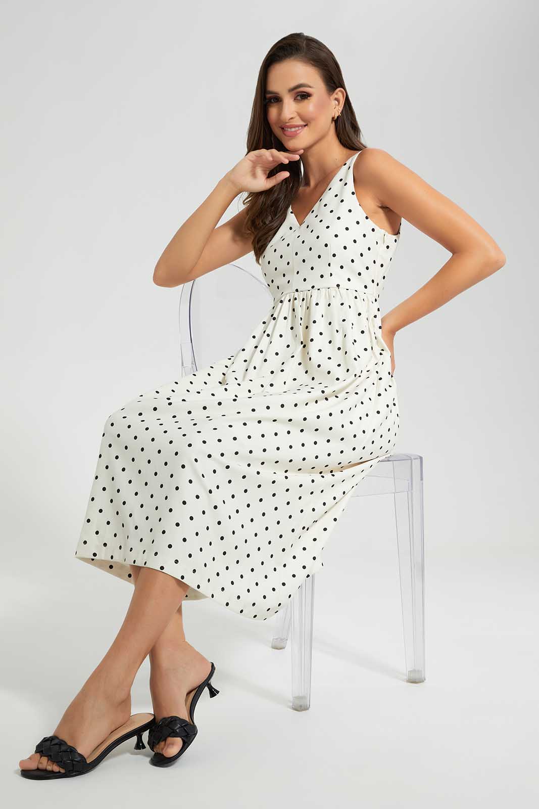 Redtag-Ivory-Polka-Dot-Dress-Category:Dresses,-Colour:Ivory,-Deals:New-In,-Filter:Women's-Clothing,-LDC,-LDC-Dresses,-New-In-LDC-APL,-Non-Sale,-Section:Women,-W22O-Women's-