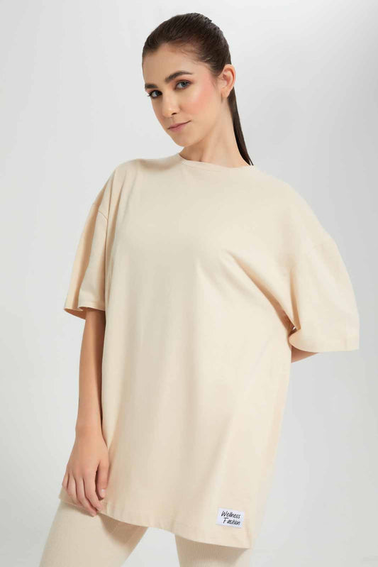 Redtag-Nude-BCI-Oversize-Printed-T-Shirt-Category:T-Shirts,-Colour:Beige,-Deals:New-In,-Filter:Women's-Clothing,-New-In-Women,-Non-Sale,-Section:Women,-W22O,-Women-T-Shirts-Women's-