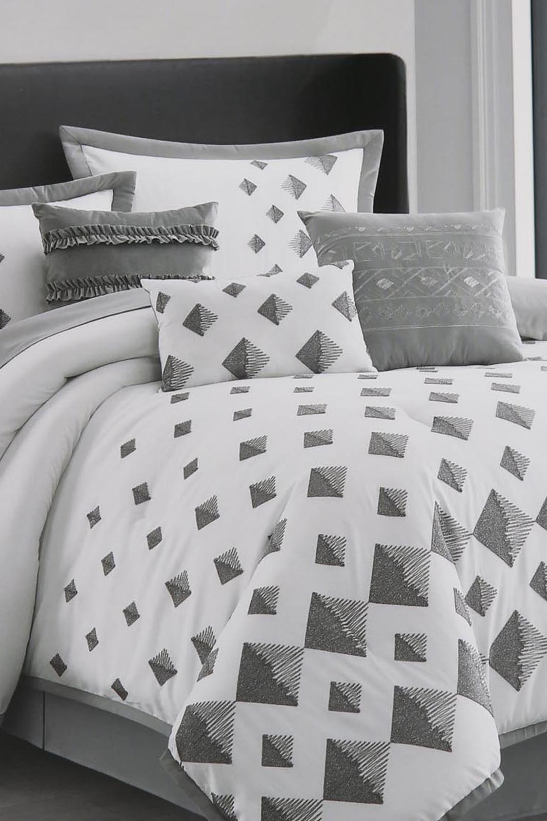 Redtag-Grey-7-Piece-Geometric-Embroidery-Comforter-Set-(King-Size)-Category:Comforters,-Colour:Grey,-Deals:New-In,-Filter:Home-Bedroom,-HMW-BED-Comforters,-New-In-HMW-BED,-Non-Sale,-Section:Homewares,-W22A-Home-Bedroom-
