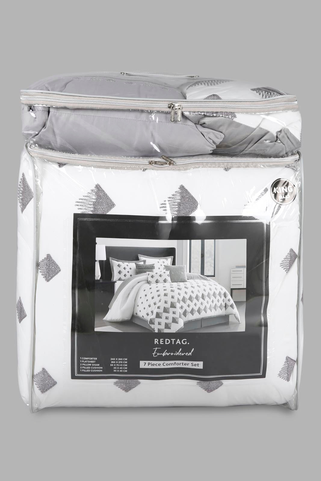 Redtag-Grey-7-Piece-Geometric-Embroidery-Comforter-Set-(King-Size)-Category:Comforters,-Colour:Grey,-Deals:New-In,-Filter:Home-Bedroom,-HMW-BED-Comforters,-New-In-HMW-BED,-Non-Sale,-Section:Homewares,-W22A-Home-Bedroom-