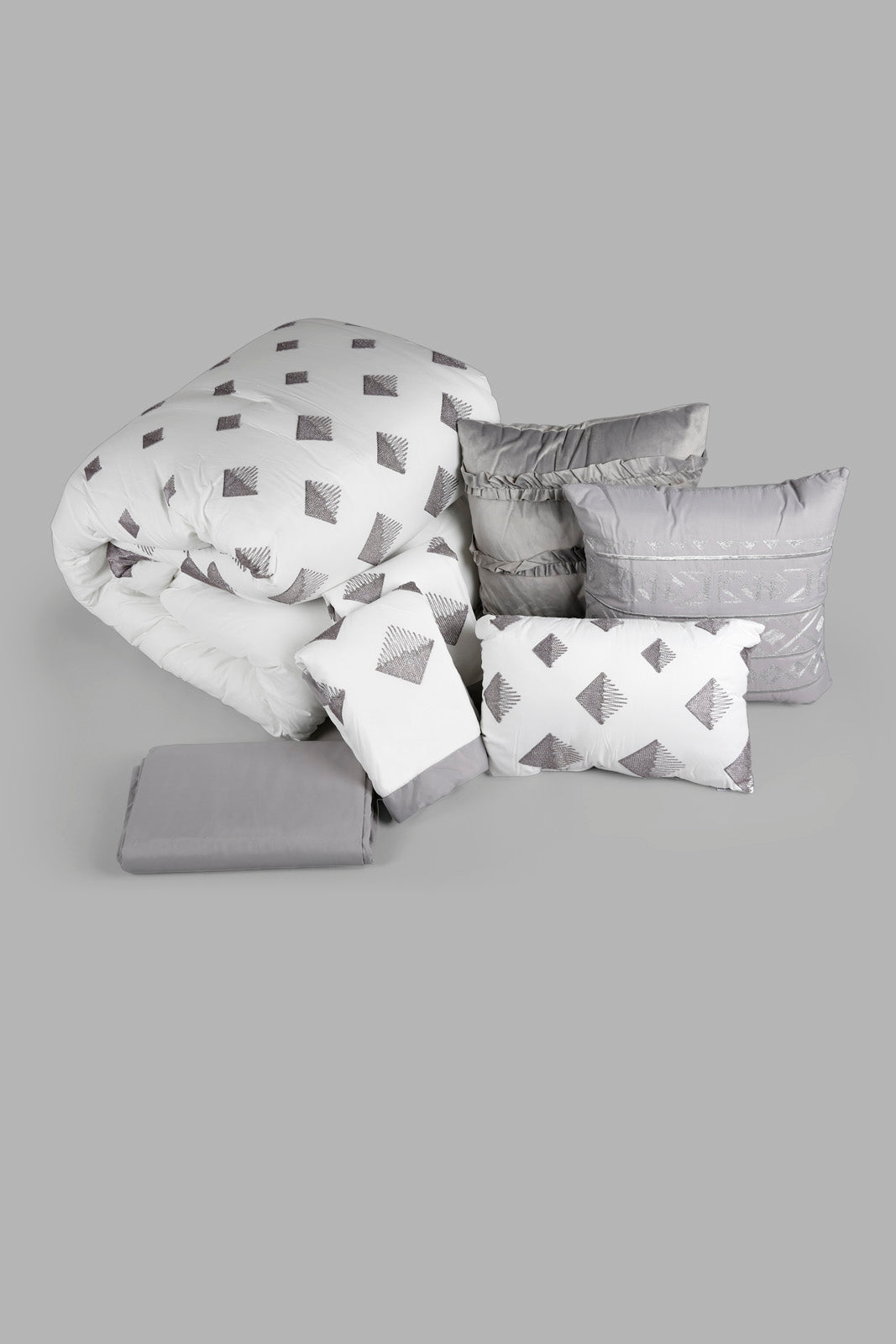 Redtag-Grey-7-Piece-Geometric-Embroidery-Comforter-Set-(King-Size)-Category:Comforters,-Colour:Grey,-Deals:New-In,-Filter:Home-Bedroom,-HMW-BED-Comforters,-New-In-HMW-BED,-Non-Sale,-Section:Homewares,-W22A-Home-Bedroom-