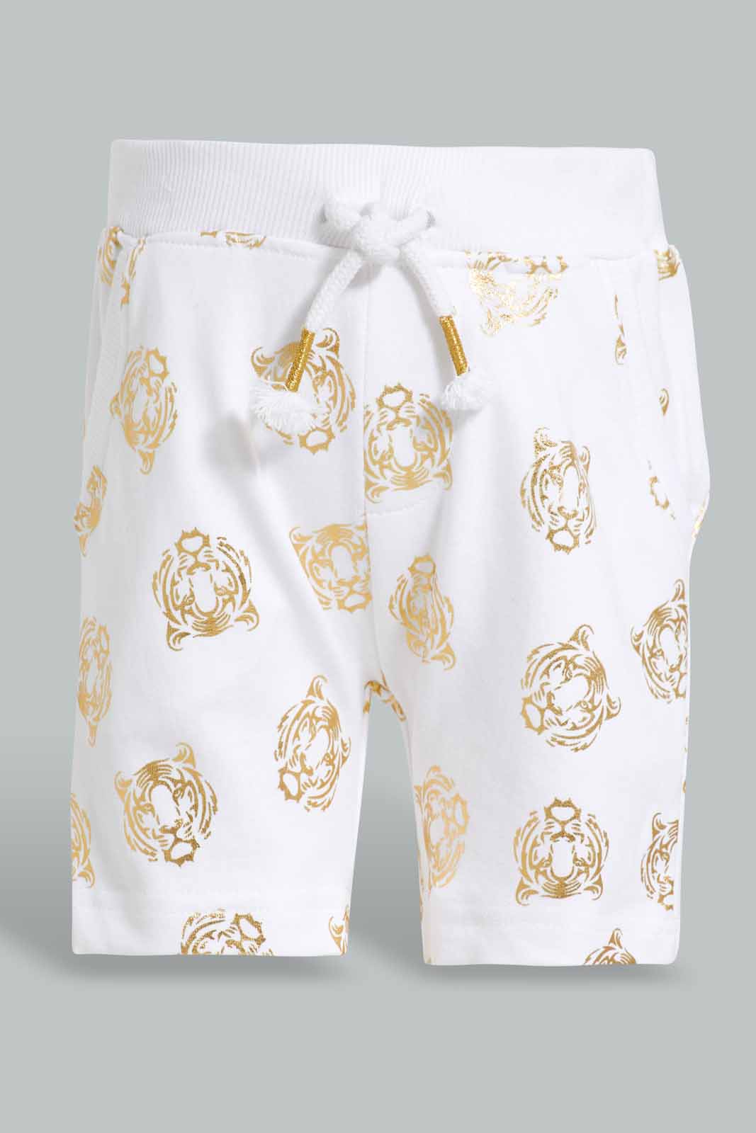 Redtag-White-knit-To-Terry-Set-With-Tiger-Foil-Printed-(-2-Pcs-Set-)-Category:Sets,-Colour:White,-Deals:New-In,-Filter:Infant-Boys-(3-to-24-Mths),-INB-Sets,-New-In-INB-APL,-Non-Sale,-Section:Boys-(0-to-14Yrs),-W22O-Infant-Boys-3 to 24 Months