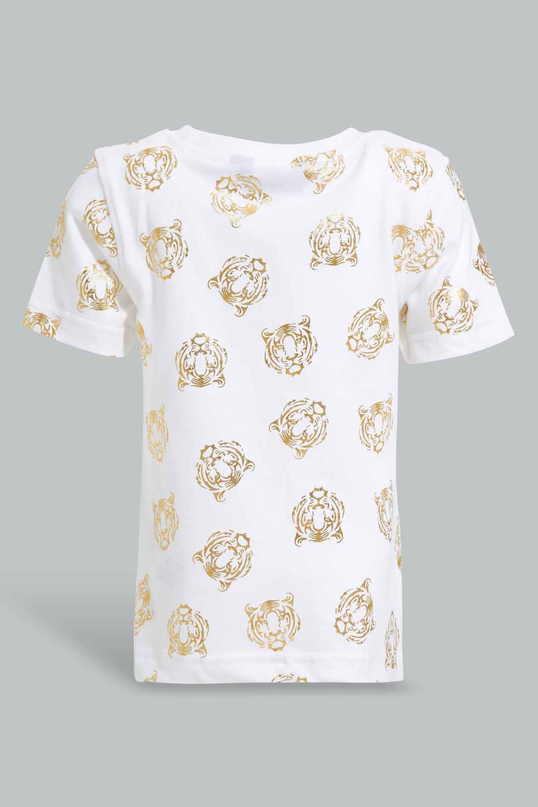 Redtag-White-knit-To-Terry-Set-With-Tiger-Foil-Printed-(-2-Pcs-Set-)-Category:Sets,-Colour:White,-Deals:New-In,-Filter:Infant-Boys-(3-to-24-Mths),-INB-Sets,-New-In-INB-APL,-Non-Sale,-Section:Boys-(0-to-14Yrs),-W22O-Infant-Boys-3 to 24 Months