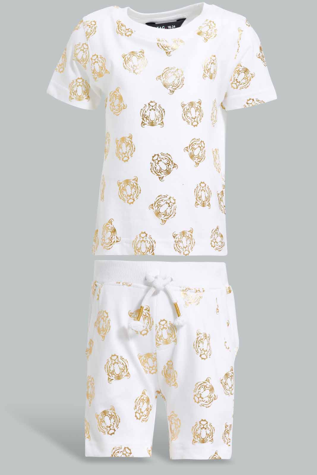 Redtag-White-knit-To-Terry-Set-With-Tiger-Foil-Printed-(-2-Pcs-Set-)-Category:Sets,-Colour:White,-Deals:New-In,-Filter:Infant-Boys-(3-to-24-Mths),-INB-Sets,-New-In-INB-APL,-Non-Sale,-Section:Boys-(0-to-14Yrs),-W22O-Infant-Boys-3 to 24 Months